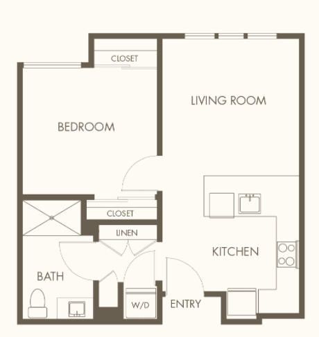 A floor plan of a one-bedroom apartment featuring a living room, kitchen, bathroom, and closet.