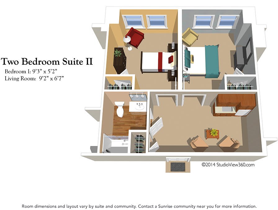 Floor plan of a 2-bedroom suite highlighting the layout and room dimensions.