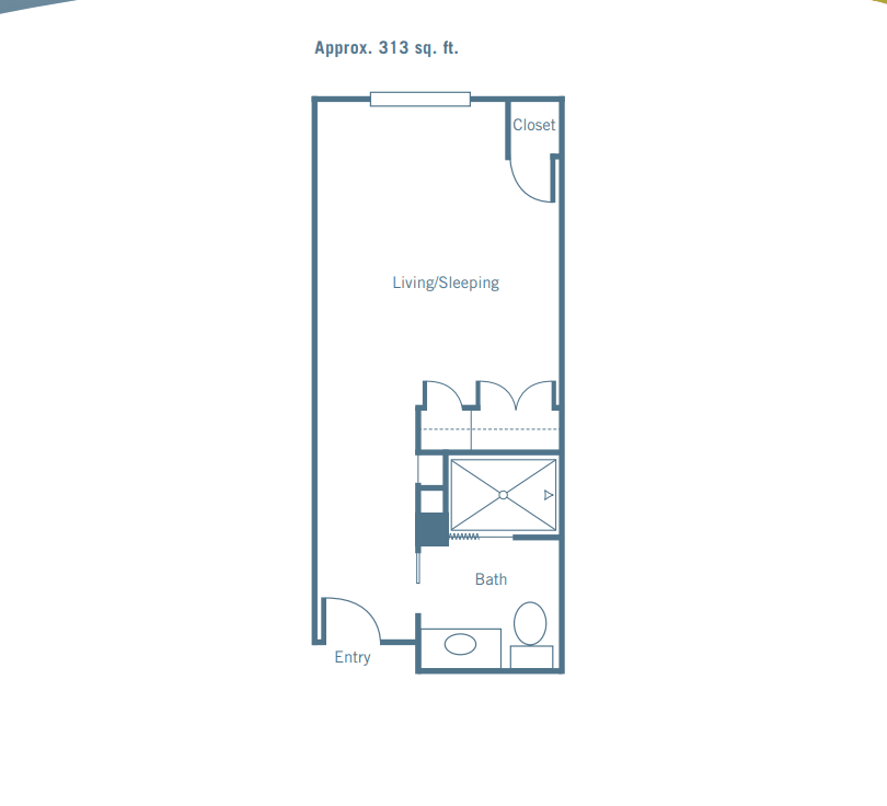 A floor plan of an apartment showing a living area, kitchen, and bathroom layout.