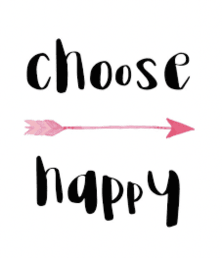 Inspirational quote 'Choose Happy' with a pink arrow design.