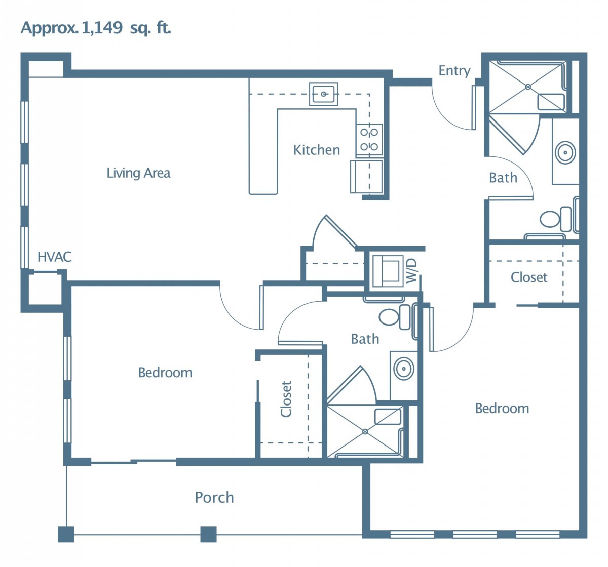 A 1,248 sq. ft. two-bedroom apartment floor plan with a living area, kitchen, and two bathrooms.
