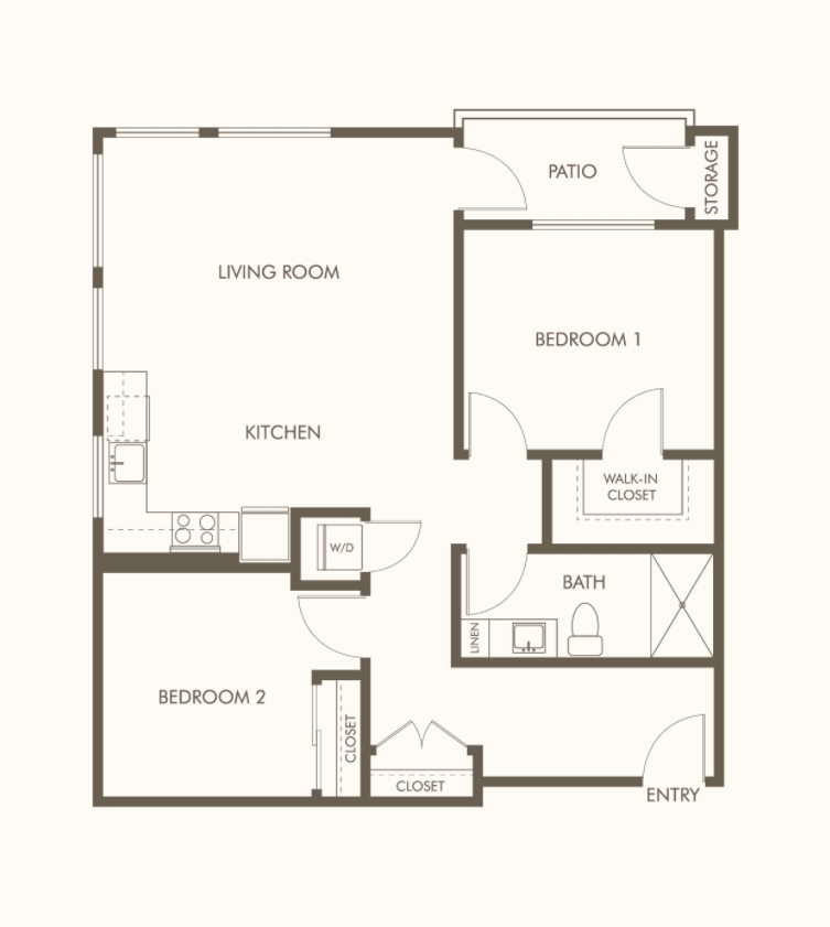 A floor plan of a two-bedroom apartment featuring a living room, kitchen, and balcony.