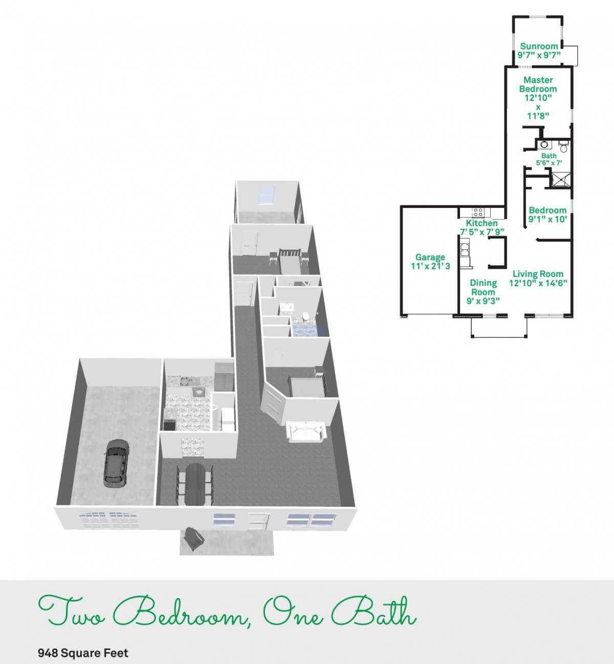 A 3D floor plan of a two-bedroom, one-bath apartment.