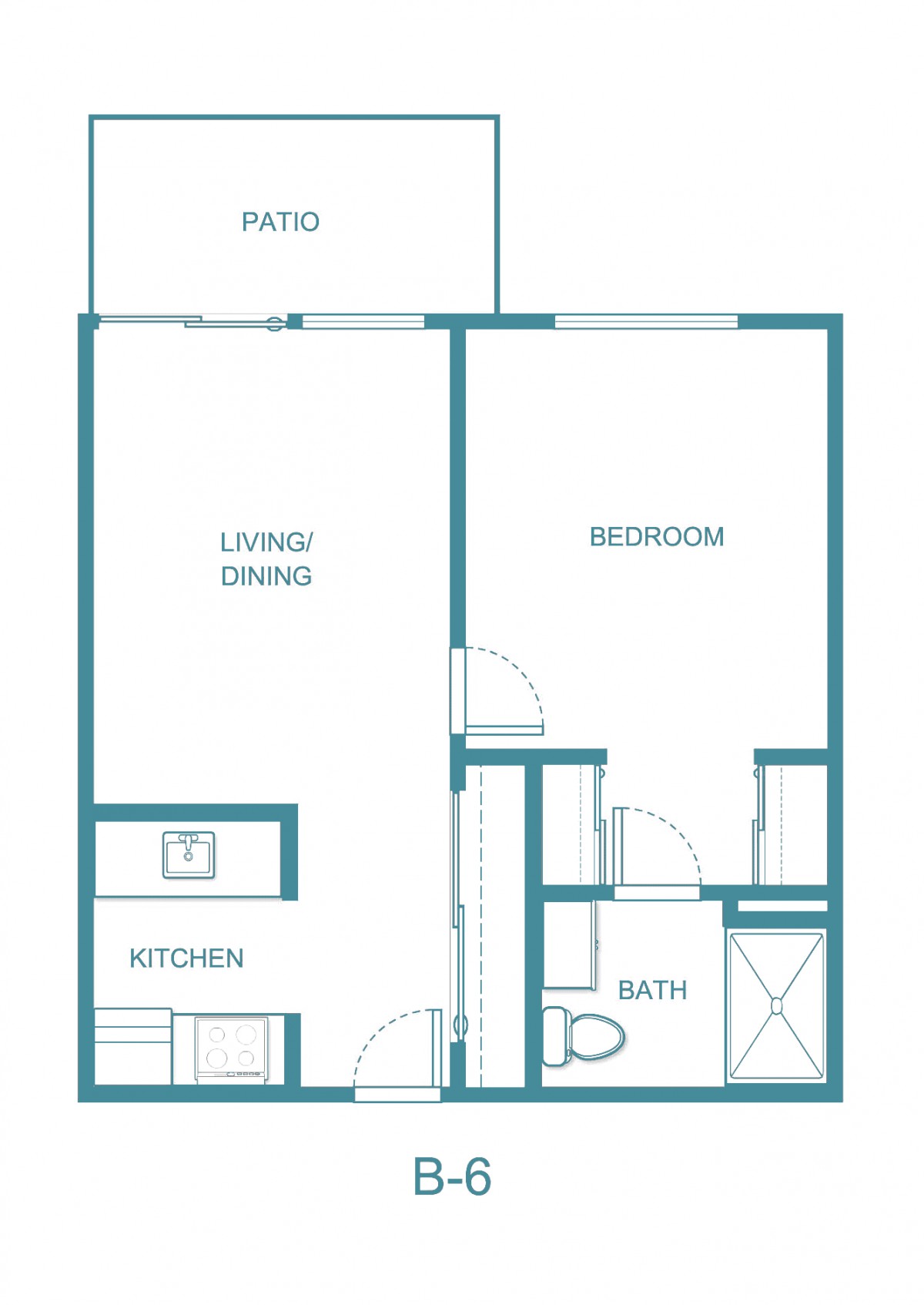 A floor plan of a one-bedroom apartment featuring a living/dining area, kitchen, bathroom, bedroom, and patio.