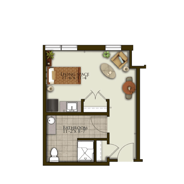 A floor plan of a compact studio apartment with a combined living and sleeping area, kitchen, and bathroom.