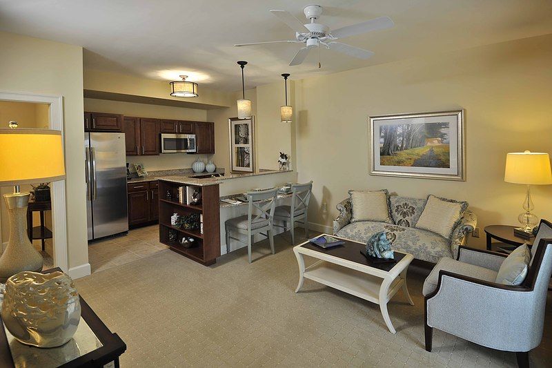 A modern apartment with an open floor plan featuring a living room and kitchen area.