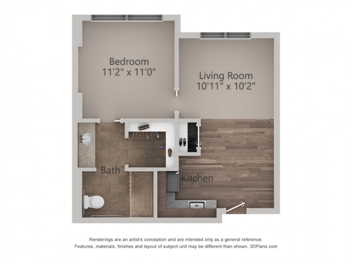 A floor plan of a one-bedroom apartment featuring labeled dimensions for the bedroom, living room, kitchen, and bathroom.