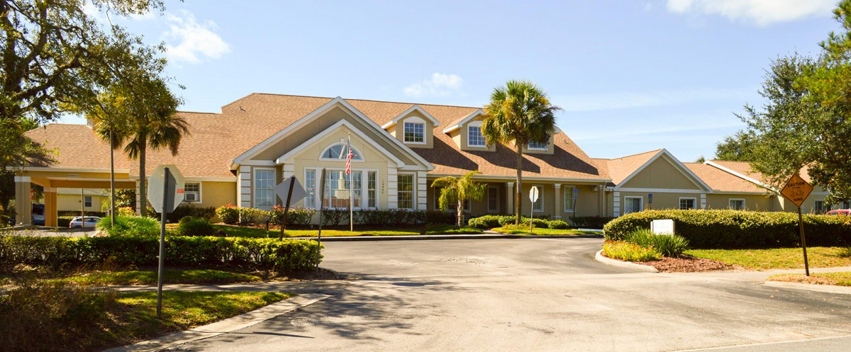 A suburban house with a palm tree and driveway on a sunny day.