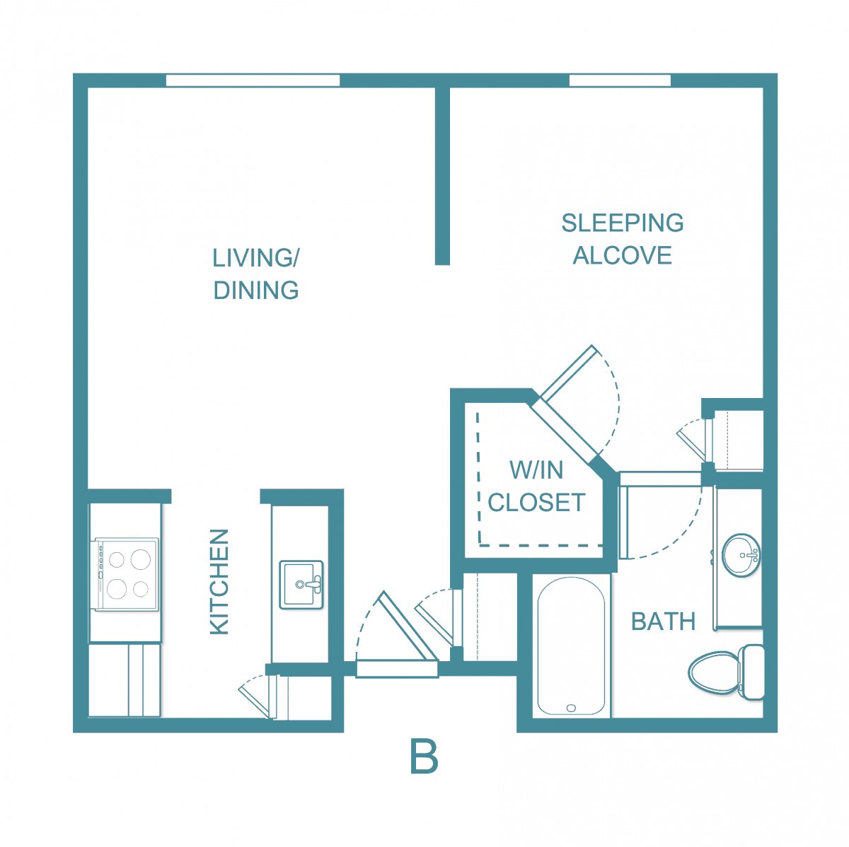 A floor plan of a studio apartment featuring a living/dining area, sleeping alcove, kitchen, bathroom, and main closet.