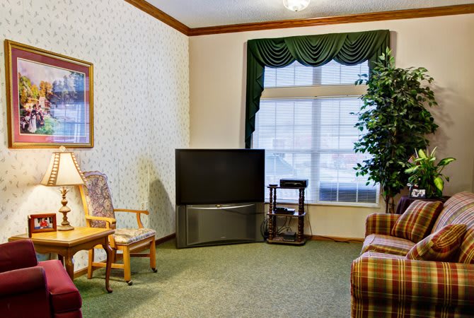 A cozy living room with a television, seating furniture, and an indoor plant by the window.