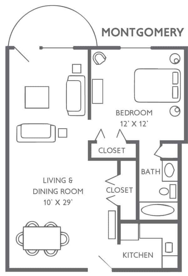 A one-bedroom apartment floor plan with a living and dining room area.