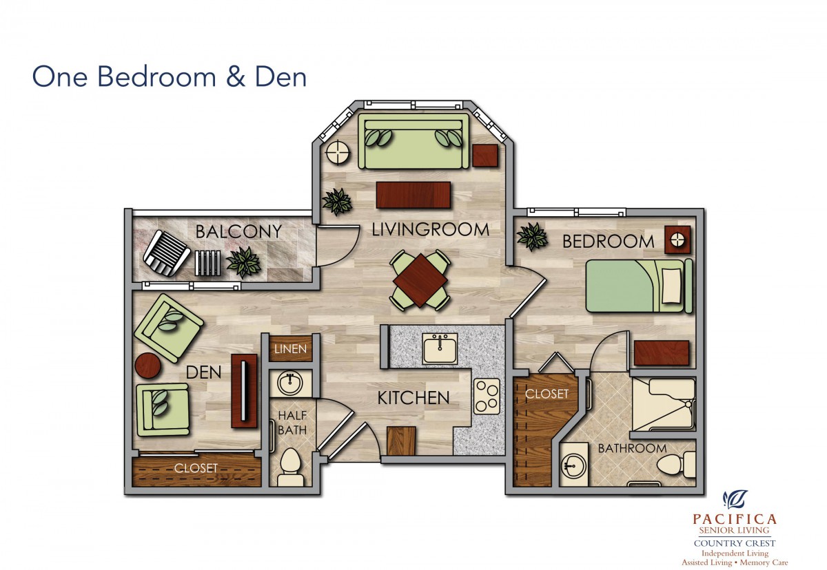 A floor plan of an apartment featuring one bedroom and a den.