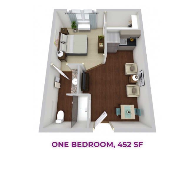 One bedroom apartment floor plan with a total area of 452 square feet.