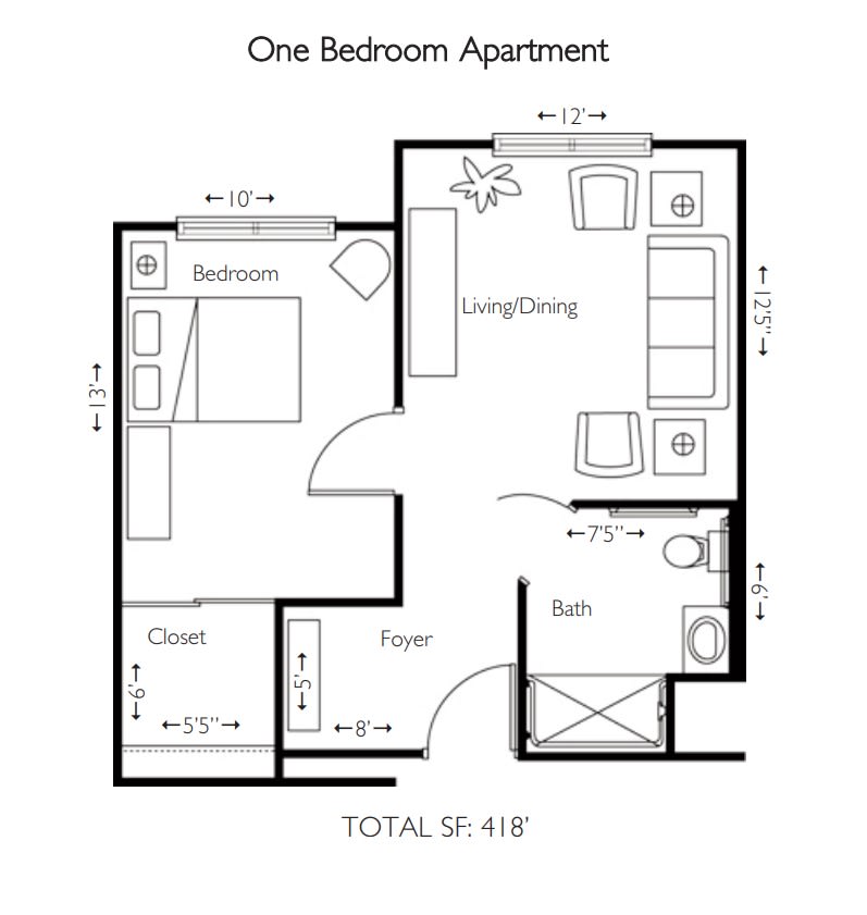 A floor plan of a one-bedroom apartment showing the layout of rooms and dimensions.