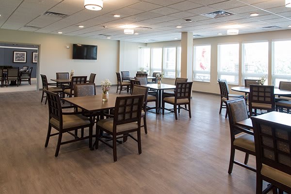 A modern dining area with several tables and chairs, illuminated by natural light.