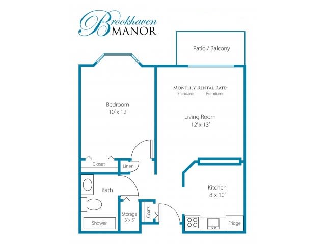 A one-bedroom apartment floor plan with designated areas for the living room, kitchen, and bathroom.