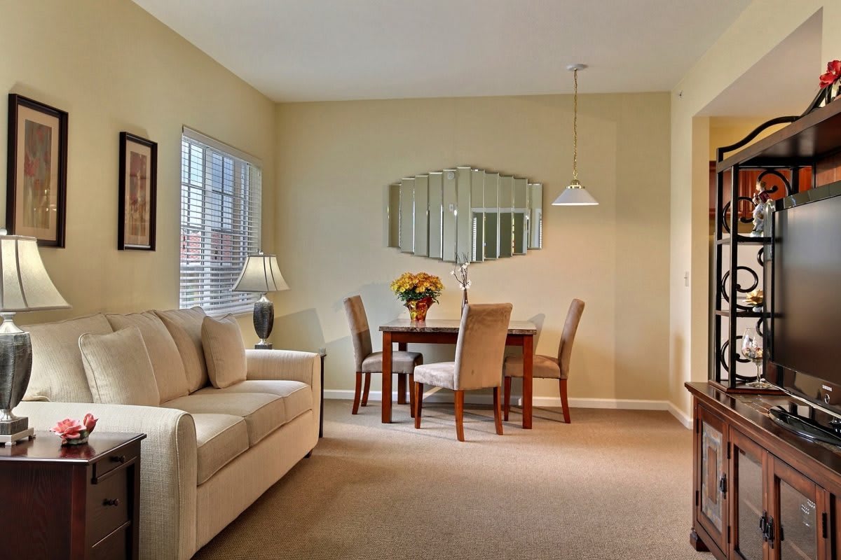 A cozy living room with a dining area featuring a sofa, table, chairs, and decorative elements.