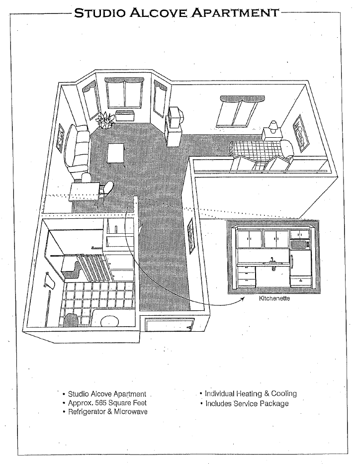 3D floor plan showing the layout of a living space with designated areas for the living room, kitchen, bedroom, and bathroom.