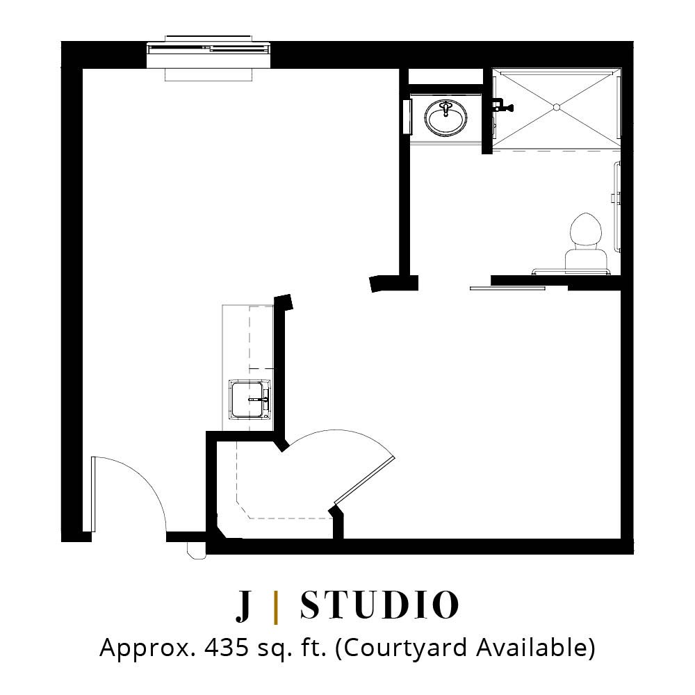 Floor plan of a J type studio apartment, approximately 435 sq. ft., with an available courtyard.