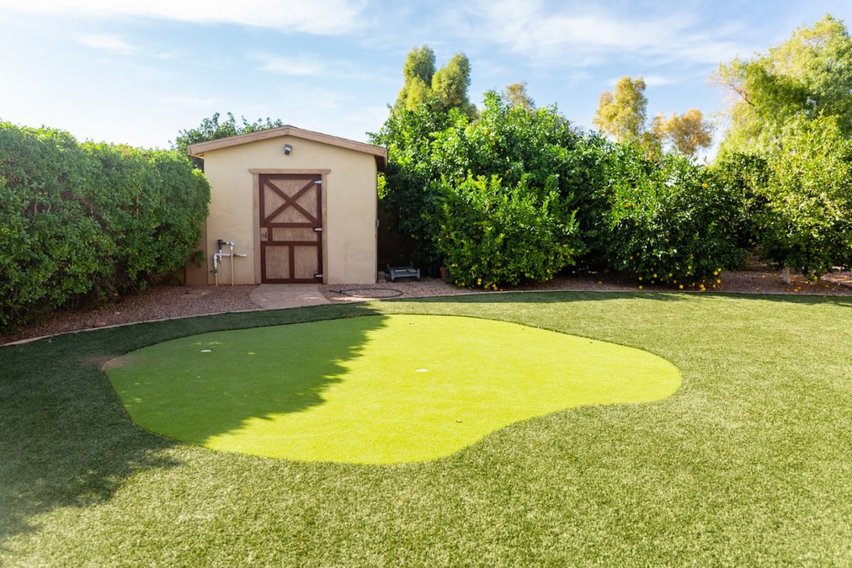 A well-maintained backyard featuring artificial turf and a small shed surrounded by lush greenery under a clear, sunny sky.