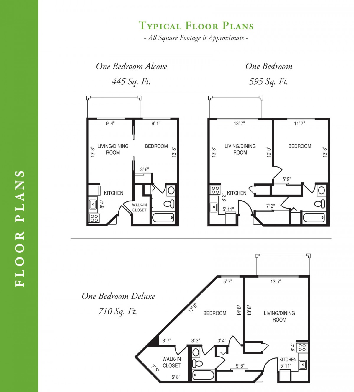 A typical floor plan layout showing one-bedroom and two-bedroom apartment designs with respective square footage.