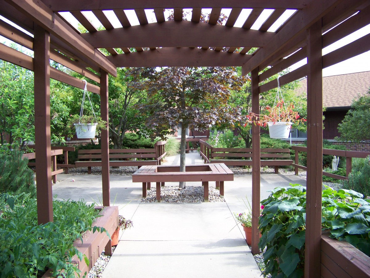 A serene outdoor garden area with a wooden pergola, benches, and lush greenery.
