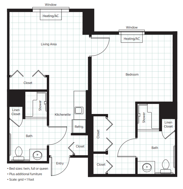 This image shows a detailed floor plan of an apartment layout including living spaces, bedrooms, closets, and bathrooms.