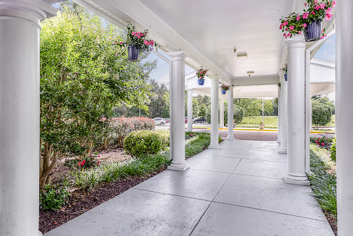 A serene outdoor porch surrounded by lush greenery and decorative flower pots.