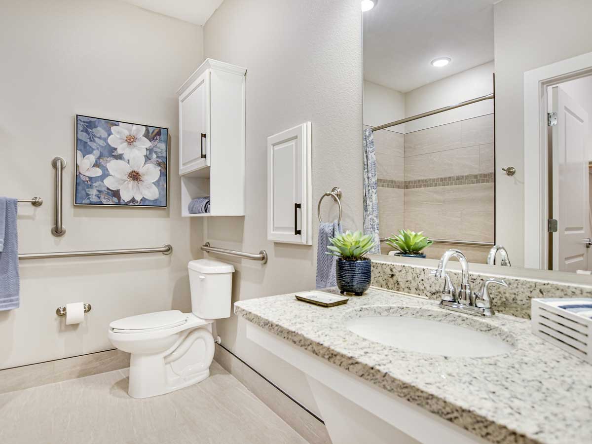 A modern bathroom featuring a sleek countertop, mirror, and decorative elements.
