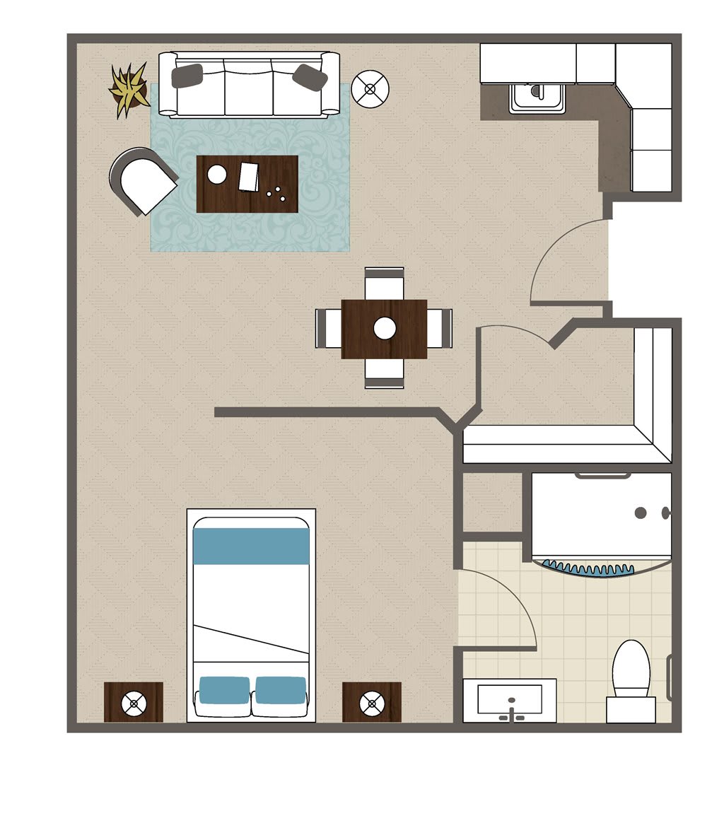 A floor plan of a one-bedroom apartment with designated areas for a living room, kitchen, dining area, bedroom, and bathroom.