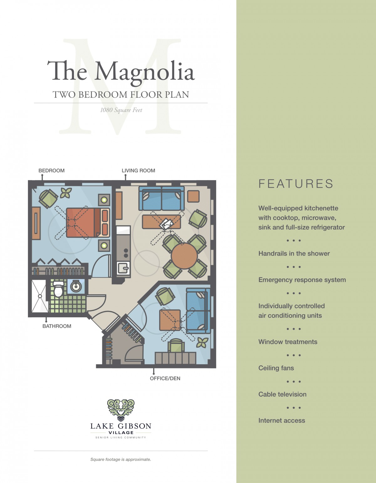 The Magnolia one-bedroom floor plan with detailed features list.