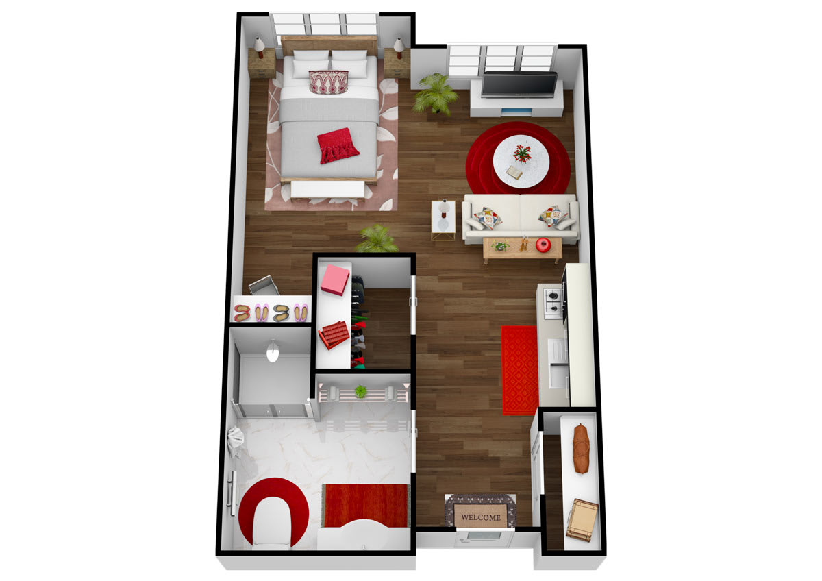 A modern 1-bedroom apartment floor plan featuring a spacious living area, kitchen, and bathroom.