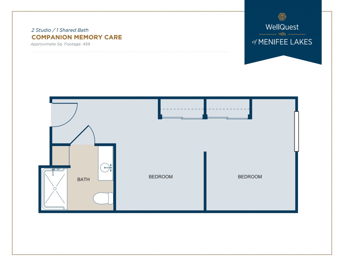 A floor plan showing the layout of two rooms, a bathroom, and entry area.