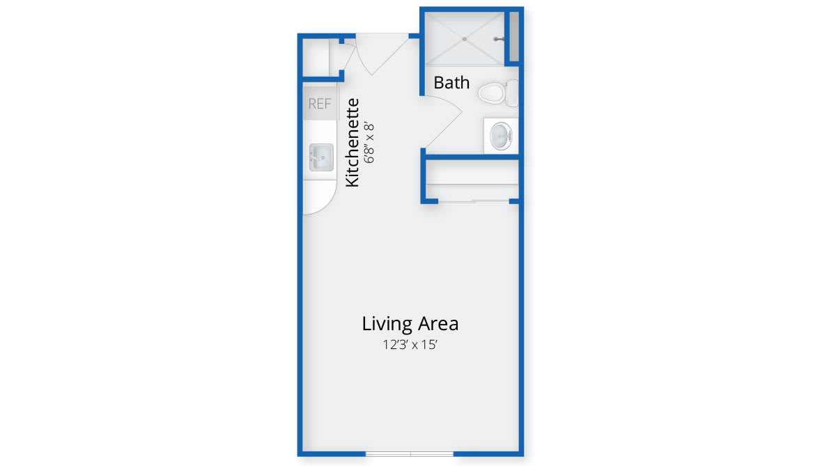 A floor plan of a studio apartment with a kitchenette, bathroom, and living area.