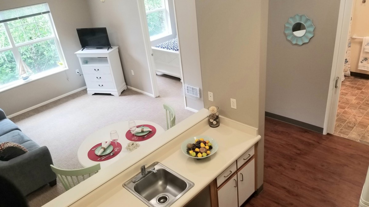 A view of a kitchen counter with a sink and fruit bowl, overlooking a living area.