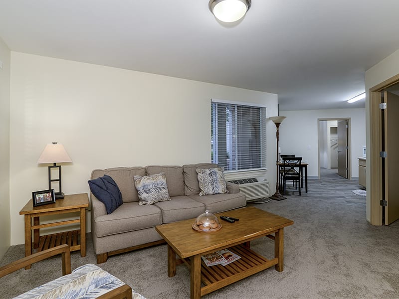 A cozy living room with a comfortable sofa, wooden coffee table, and soft lighting.