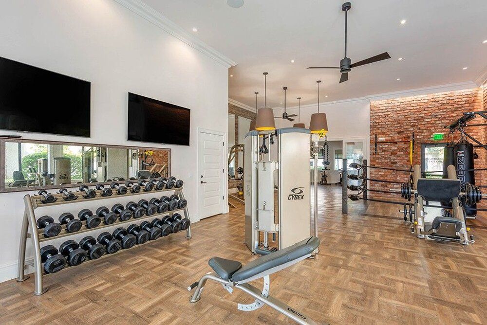 A modern gym equipped with various exercise machines and free weights.