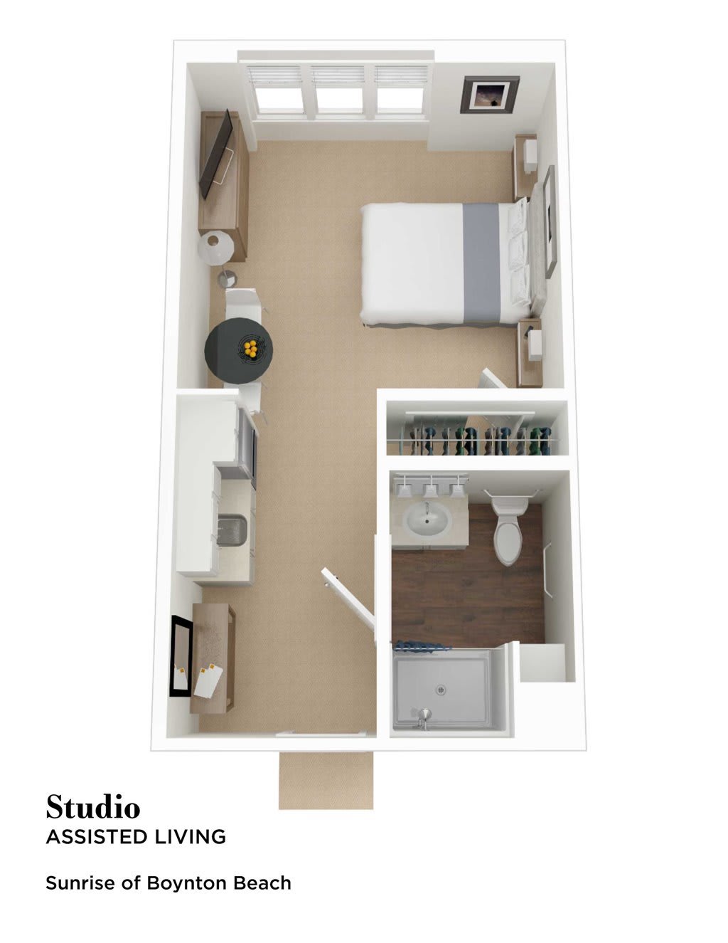 Floor plan of a compact studio apartment featuring a bedroom, kitchen area, and bathroom.