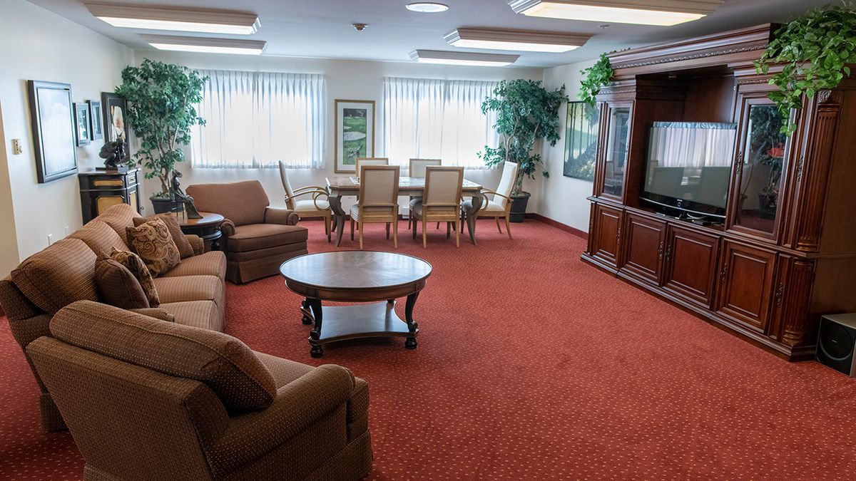 A spacious living room with comfortable seating, a large television, and decorative plants.