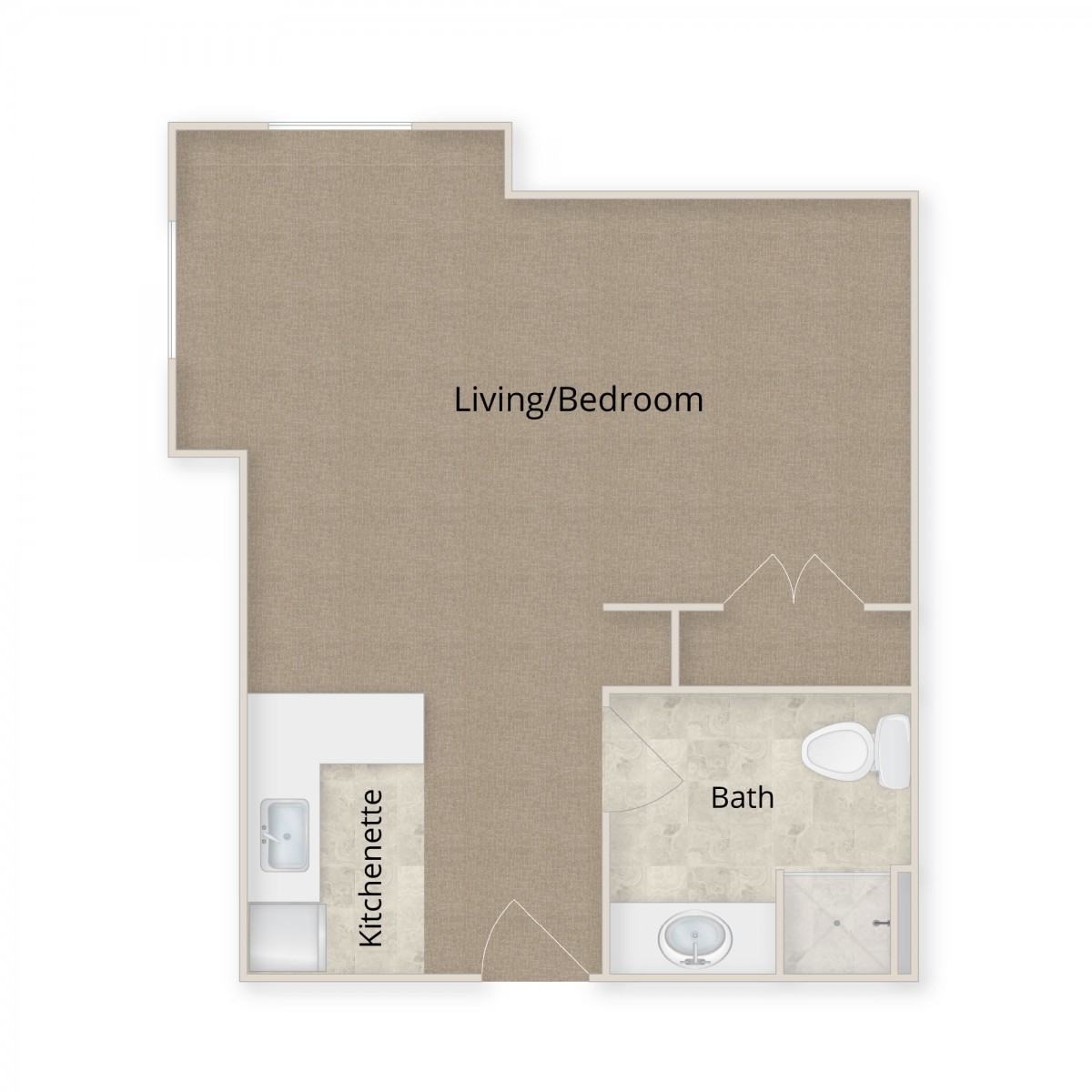 Studio apartment floor plan with combined living and bedroom area, kitchen, and bathroom.