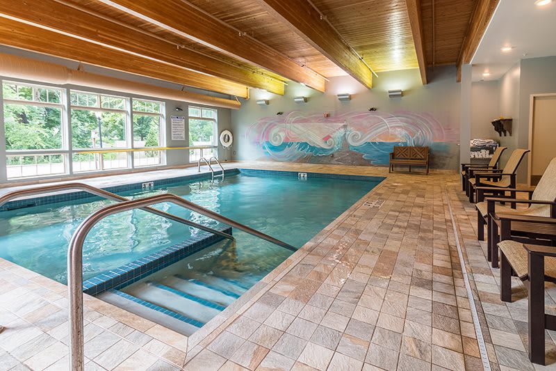 An inviting indoor swimming pool with a wooden ceiling and tiled flooring, perfect for relaxation and exercise.
