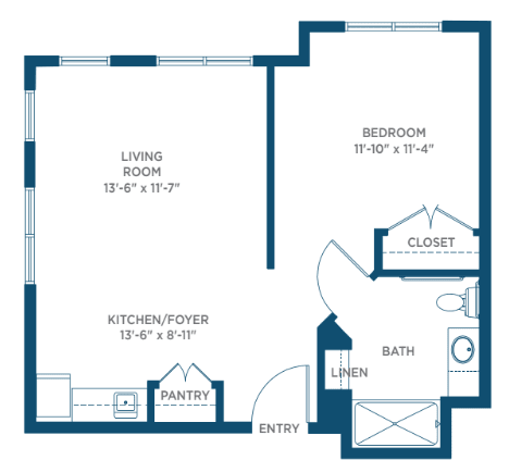 A blueprint of a one-bedroom apartment with labeled living room, kitchen, pantry, bedroom, closet, and bathroom.