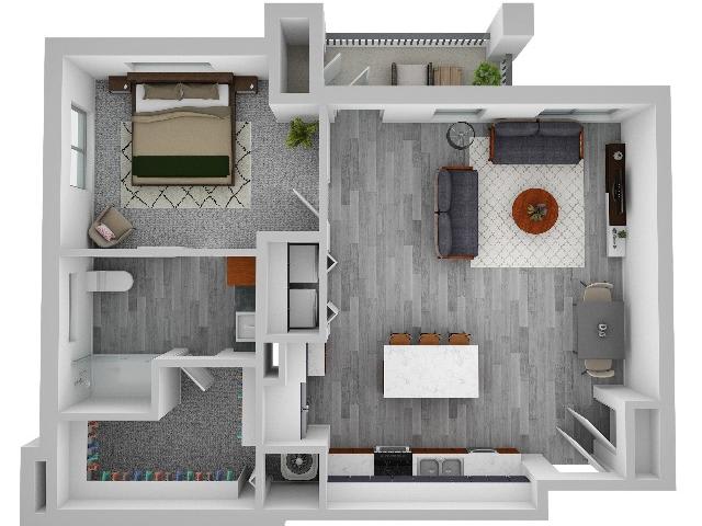 A detailed floor plan showcasing a modern apartment with distinct living, kitchen, and bedroom areas.