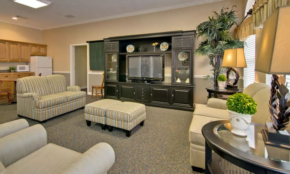 A cozy living room with a television, sofas, and decorative elements.
