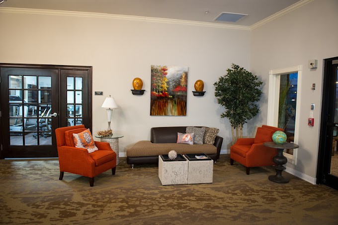 A cozy living room with orange chairs, a brown sofa, decorative wall art, and a large indoor plant.