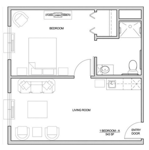 A floor plan of a small apartment featuring a living room, bedroom, kitchen, and bathroom.