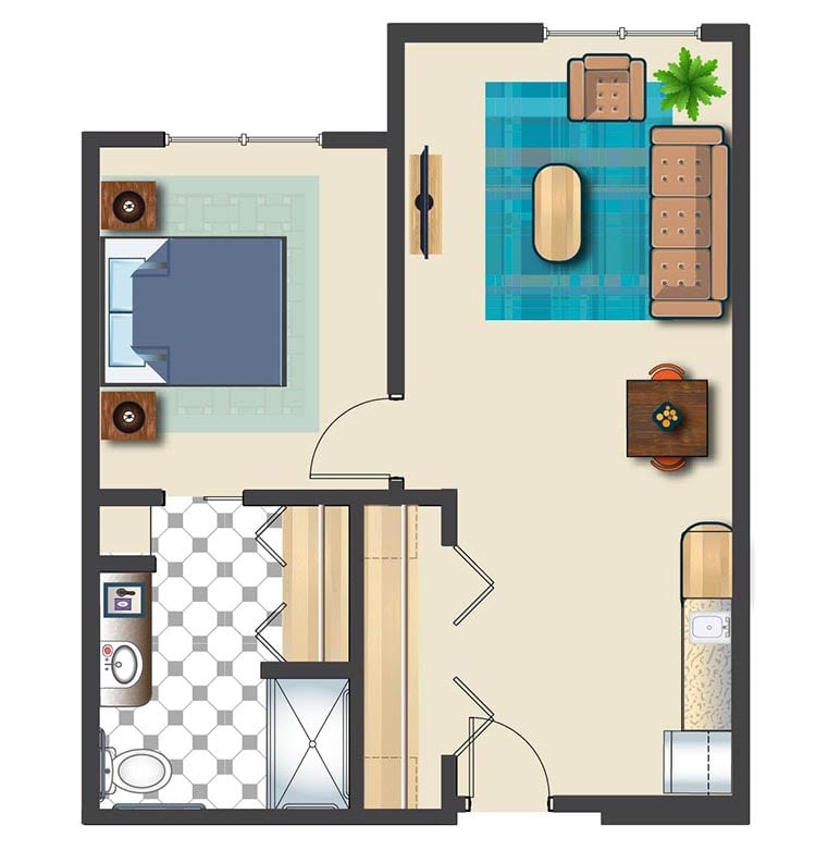 A simple floor plan showing the layout of a small apartment with a bedroom, living room, kitchen, and bathroom.