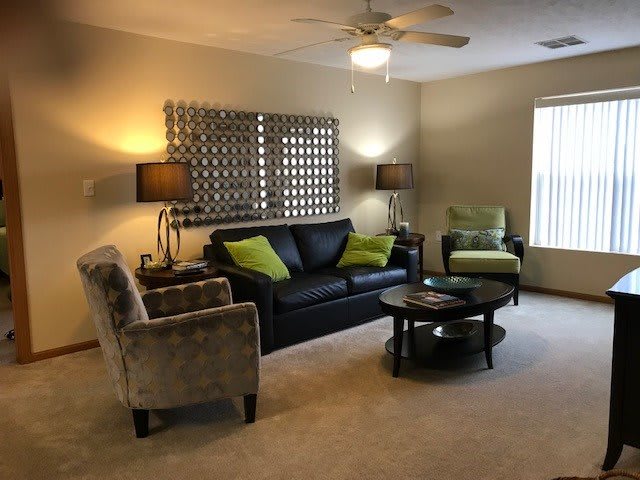 A cozy living room featuring a black sofa with green cushions, an armchair, and a coffee table, all complemented by stylish lamps and decorative wall art.