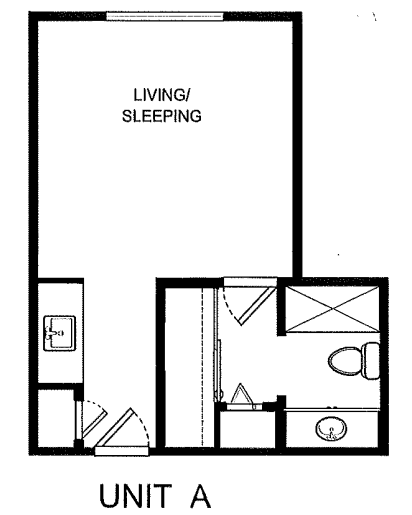 Studio apartment floor plan with living/sleeping area.