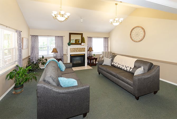 A cozy living room featuring two sofas, a fireplace, and elegant lamps.